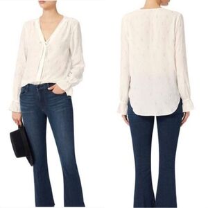 St. Roche Elyse Feather Print Long Sleeve Button Up Tie V Neck Blouse